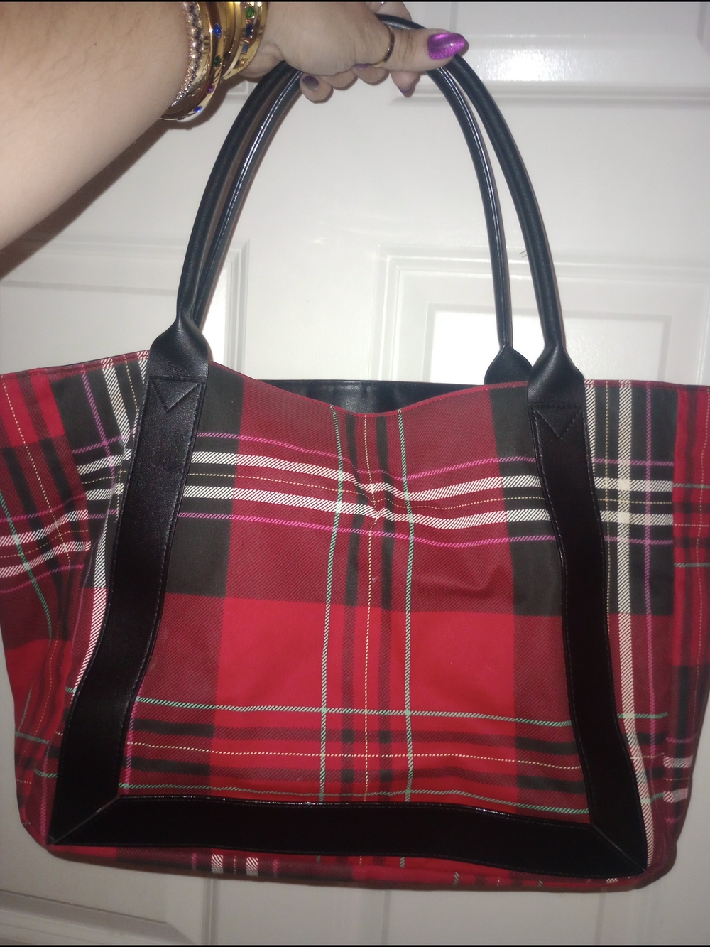 Victoria's Secret Red Plaid Tote with Black Trim and Floral Accent - Picture 3 of 4